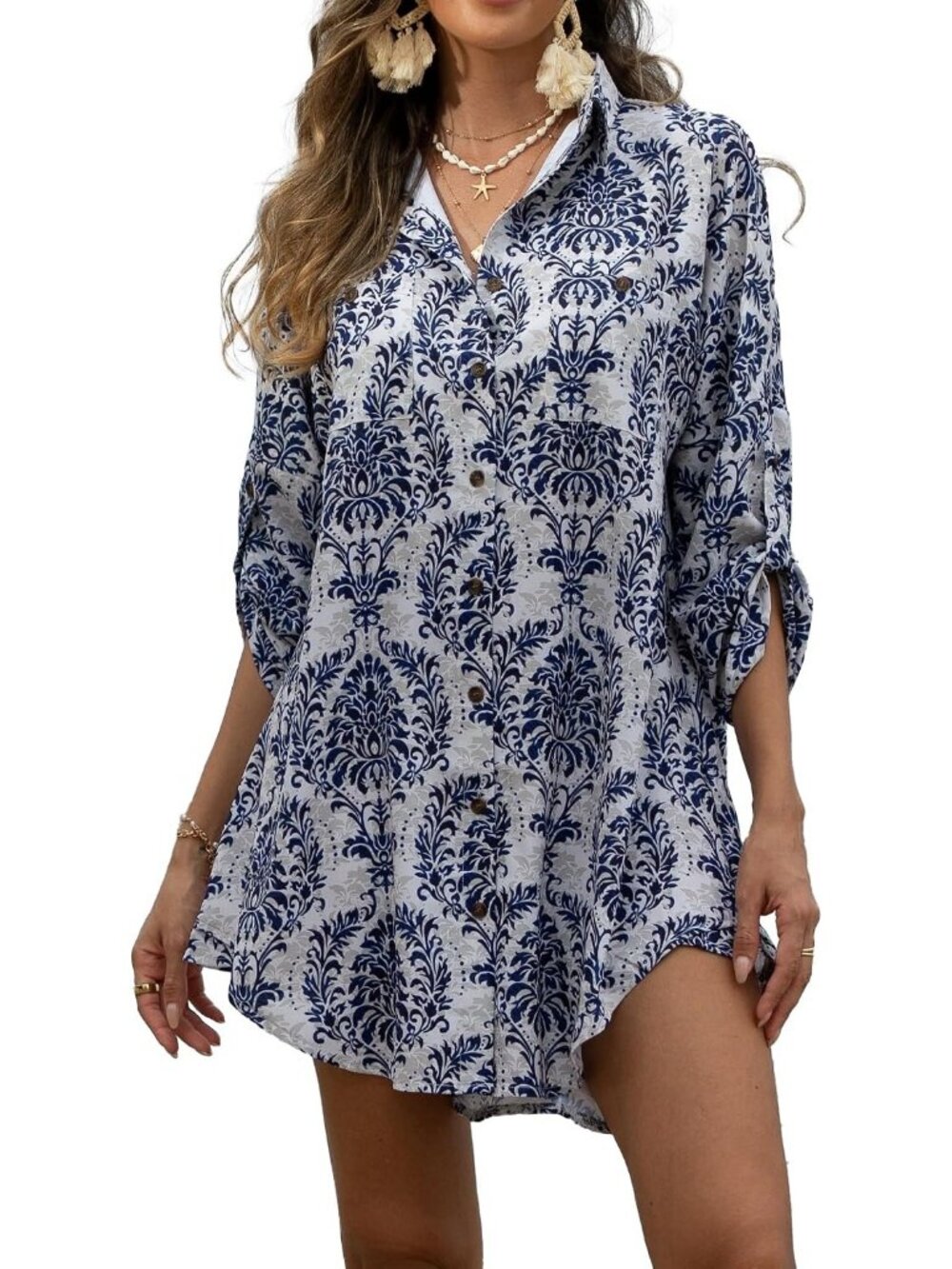 Womens Blue Polyester Cover up Beach Swimsuit Coverup Retro Button Down Shirt